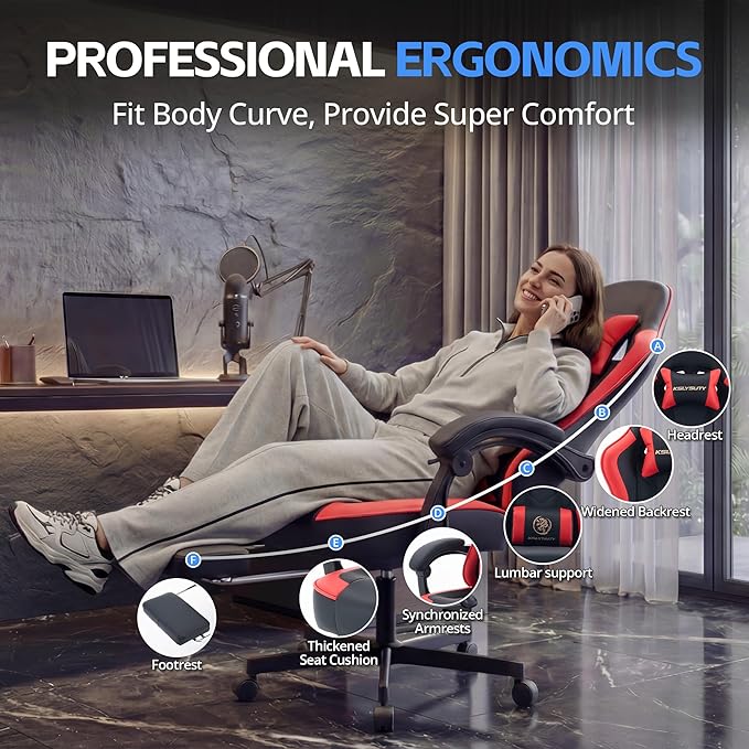 Desk Computer Gaming Chair - High Back Ergonomic Office Chair with Footrest and Lumbar Support, Swivel Comfy Home Gamer Video Game Chairs with Pocket Spring Cushion for Adults (Red Leather)