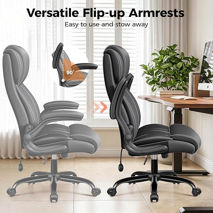 Ergonomic Office Chair, High Back Computer Desk Chair, Executive Leather Chair with Adjustable Lumbar Support & Flip Up Arms, Swivel PC Chair for Home Office Gaming