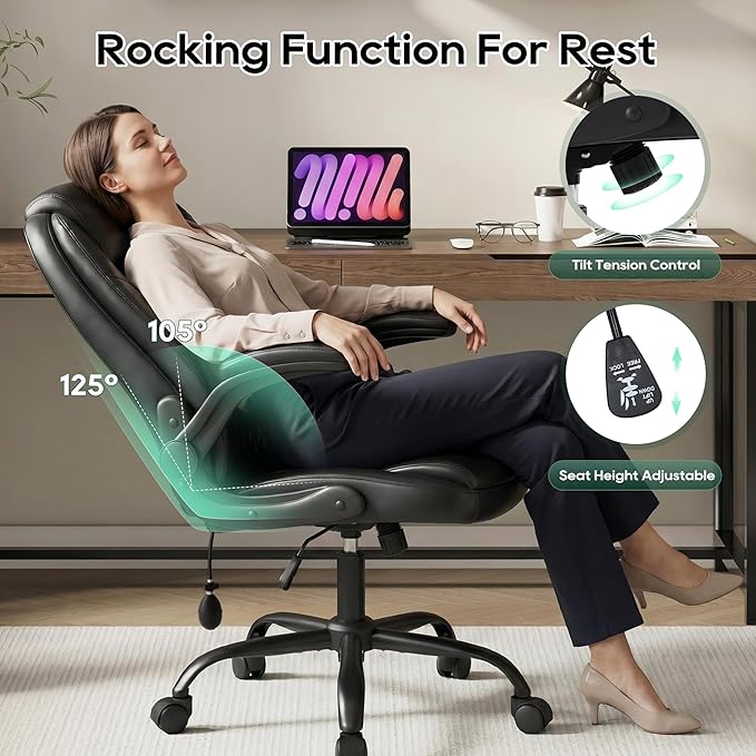 MALOL Leather Office Chair, Home Desk Chair with Adjustable Lumbar Support, Thick Cushion, Flip-Up Arms and Ergonomic Back, Comfy Executive Office Chair for Home Office, Black