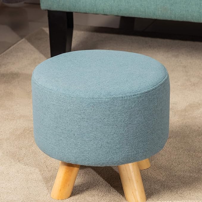 Homebeez Round Ottoman Foot Rest Stool, Small Fabric Footstool with Non-Skid Wood Legs, Blue