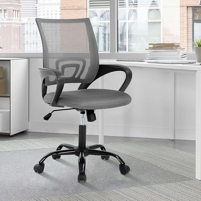 MKDLUFEI Office Chair, Ergonomic Cheap Desk Chair with Lumbar Support, Adjustable Mid Back Task Rolling Swivel for Home Office Student, Adults,Study, Grey
