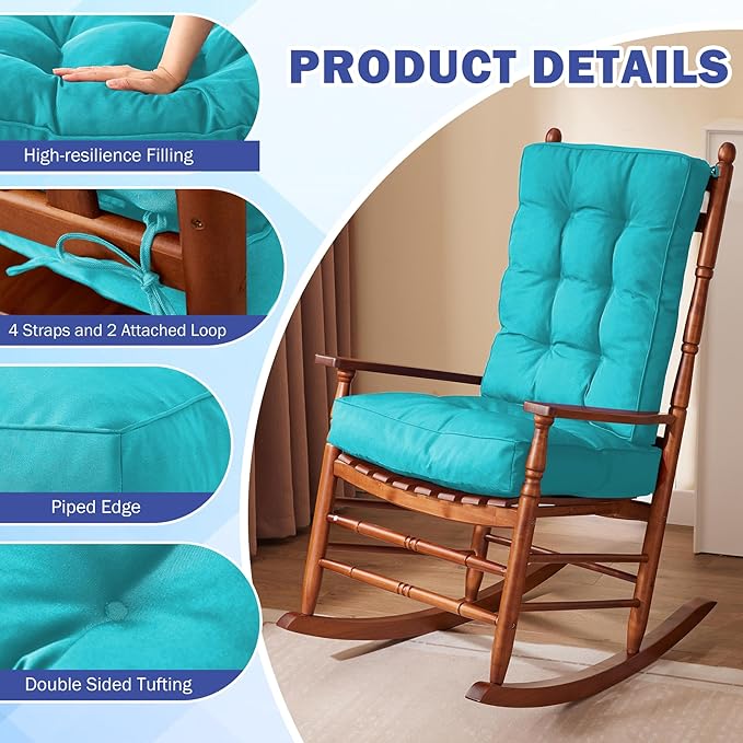 IPYNBAP Rocking Chair Cushion, Waterproof and Fade-Resistant Patio Chair Cushions, Tufted Chair Pads for Rocker Furniture, 17x17 Inch, Indoor/Outdoor Seat Cushions with Ties, Teal Blue (Pack of 2)