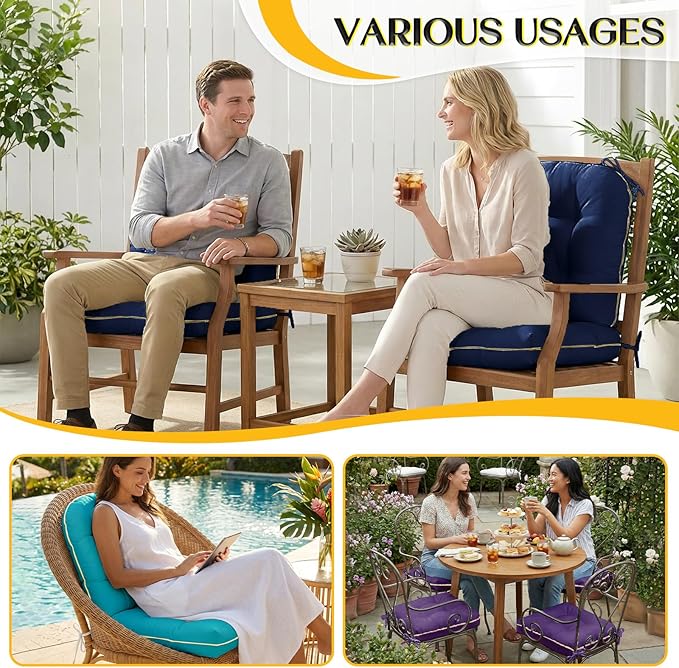 1 MIDDLE ONE Outdoor Chair Cushions Set of 2, Outdoor Cushions for Patio Furniture and Wicker Chair, Memory Foam Patio Seat Cushion Pads with Ties, 19 x 19 Inch (Blue)