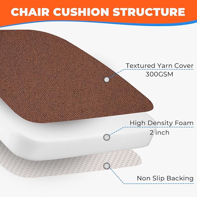 Sunsleek Chair Cushions for Dining Chairs, D-Shaped Seat Cushions with Removable Washable Cover and Ties, Chair Pads for Kitchen, Indoor Dining Room, Patio Chairs, 17'' x 16'', Set of 4, Brown