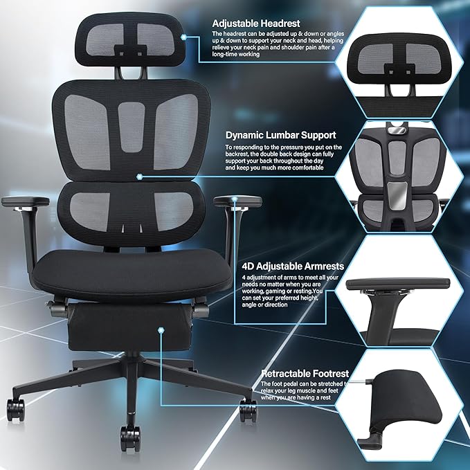 Ergonomic Office Chair with Foot Rest, High Back Computer Office Chair with Dynamic Lumbar Support, 2D Headrest, 4D Armrest, Sponge Seat, Mesh Home Office Desk Chair for Adults, Black