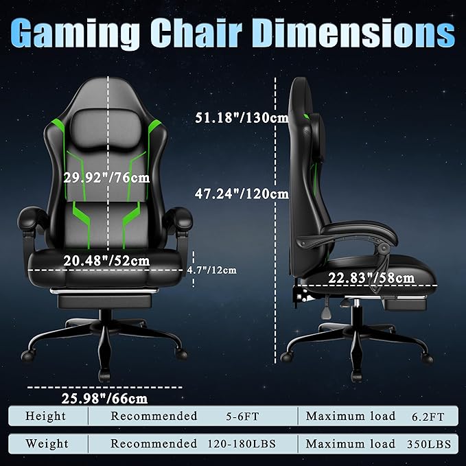 Ergonomic Gaming Chair, Video Game Chair with Pocket Spring Cushion and Footrest, Height Adjustable Computer Chair with Swivel Seat and Headrest (Green)