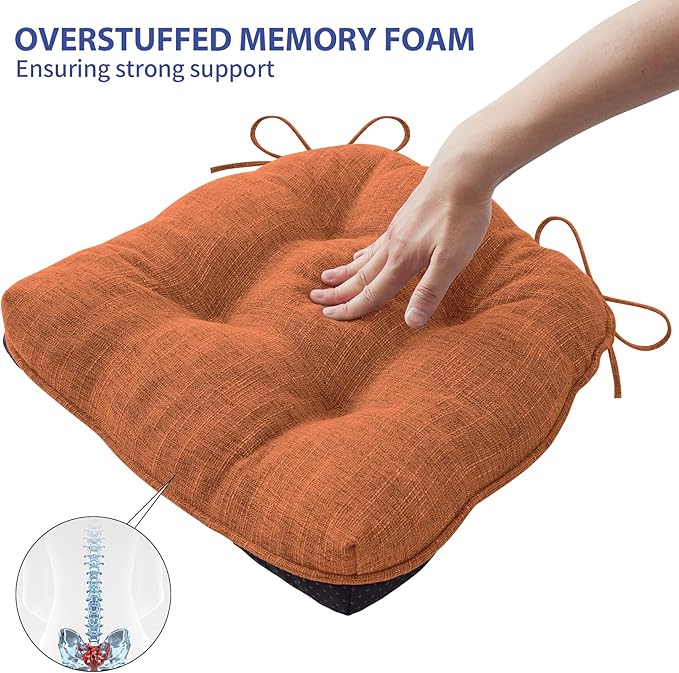 IPYNBAP Chair Cushions for Dining Chairs Set of 6, Kitchen Chair Cushions, Chair Pads with Ties and Non Slip Backing, Tufted Memory Foam Seat Cushion 6 Pack, 15.5" x 15.5" x 4", Orange