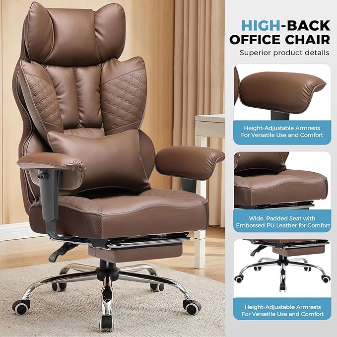 COMHOMA Big and Tall Office Chair Heavy Duty Wide Ergonomic Gaming Chair with Deluxe Embossing Designed Leather with Foot Rest,150°Reclining Adjustable Armrests Pocket Spring Back Support and Pillow
