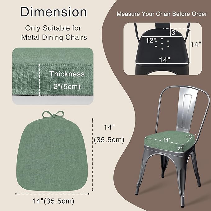 OVOV 14x14 Chair Cushions for Metal Dining Chairs Set of 2 Non Slip Thick Textured Chair Pads for Dining Chairs with Ties and Removable Cover (Sage Green)