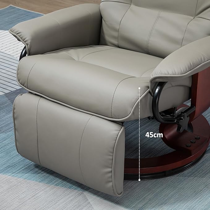 HOMCOM Swivel Recliner Chair, PU Leather Reclining Armchair with Retractable Footrest, Lounge Chair with Wood Base and Adjustable High Back for Small Spaces, Living Room, RV, Bedroom, Gray