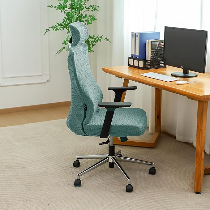 Ergonomic Office Chair Cover with Headrest Covers Green Jacquard Stretch Desk Chair and Headrest Slipcovers Washable