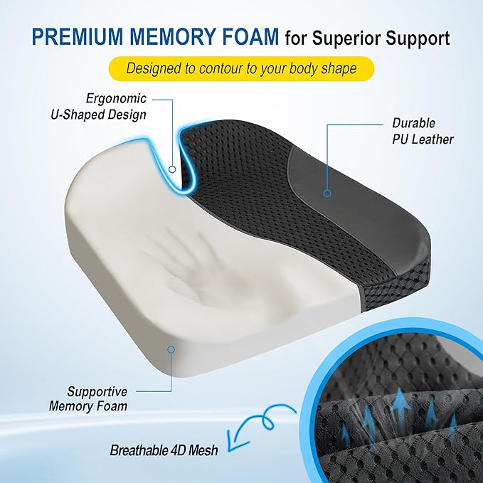 Lofty Aim Car Seat Cushion: Ergonomic Memory Foam Cushion for Driving and Long Drives, for Sciatica and Back Pain, Seat Pillow for Car, Truck, Office Chair, Home, Wheelchair- Black