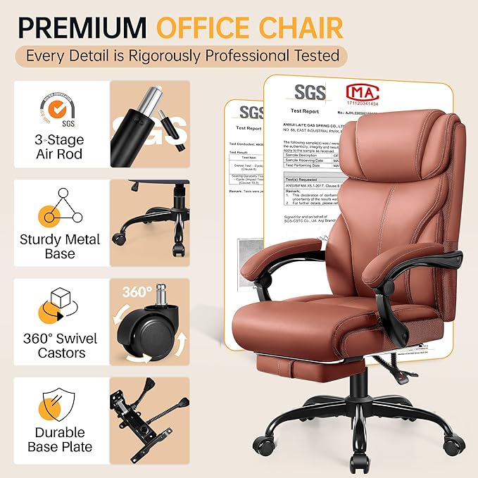HeroSet Big and Tall Office Chair with Foot Rest, 400lbs Ergonomic Reclining High Back Executive Leather Chair, Lumbar Support Swivel Computer Desk Chairs for Heavy People Home Office Gaming(Brown)