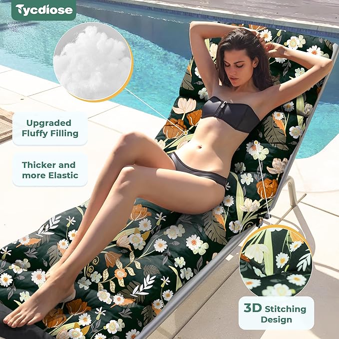 Outdoor Chaise Lounge Chair Cushion Set of 4, Waterproof 74.4 x 22 x 4.7 Inches Memory Foam Thickened Lounge Chair Cushions Replacement for Outdoor Furniture with Ties, Green Floral