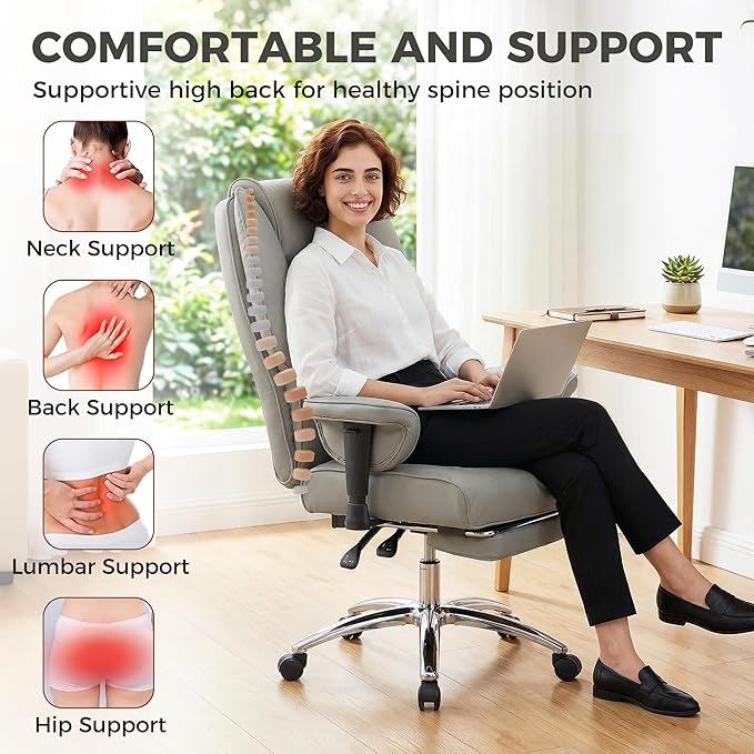 HOMCOM Ergonomic Executive Office Chair with Foot Rest, Reclining Swivel Computer Desk Chair with Adjustable Armrests, Spring Seat, High Back, Thick Cushion, Pet Friendly Faux Leather, Light Gray