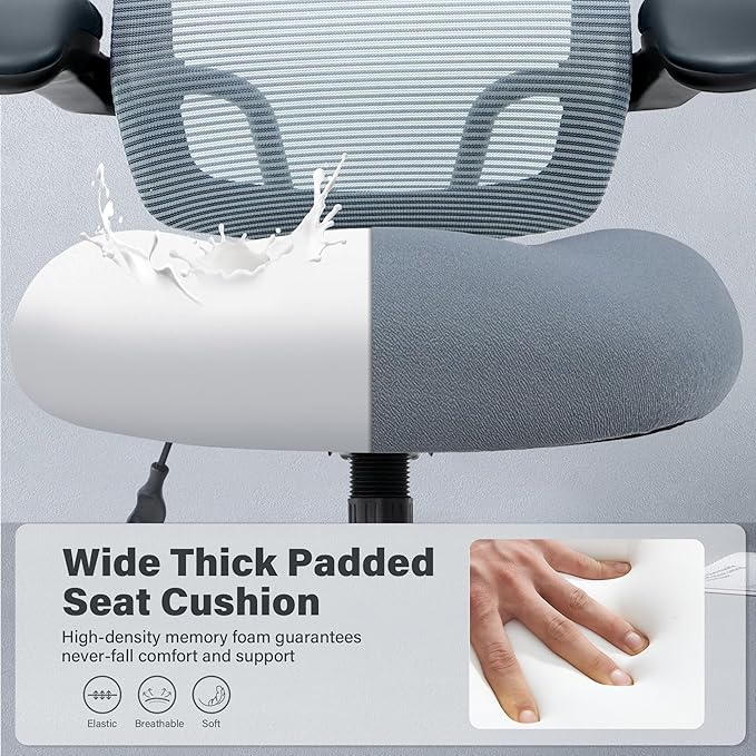 Kassipo 500LBS Big and Tall Office Chair with Flip-Up Armrests, Heavy Duty Office Chair for Heavy People, Memory Foam Seat Filling Springs, Grey