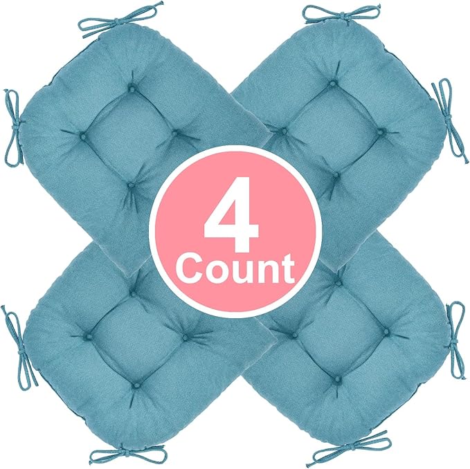 Chair Cushion, Chair Cushions for Dining Chairs, Chair Pads and Mat with Ties for Indoor Kitchen Seat and Desk (Teal, 4 Count - 17 x 16 in)