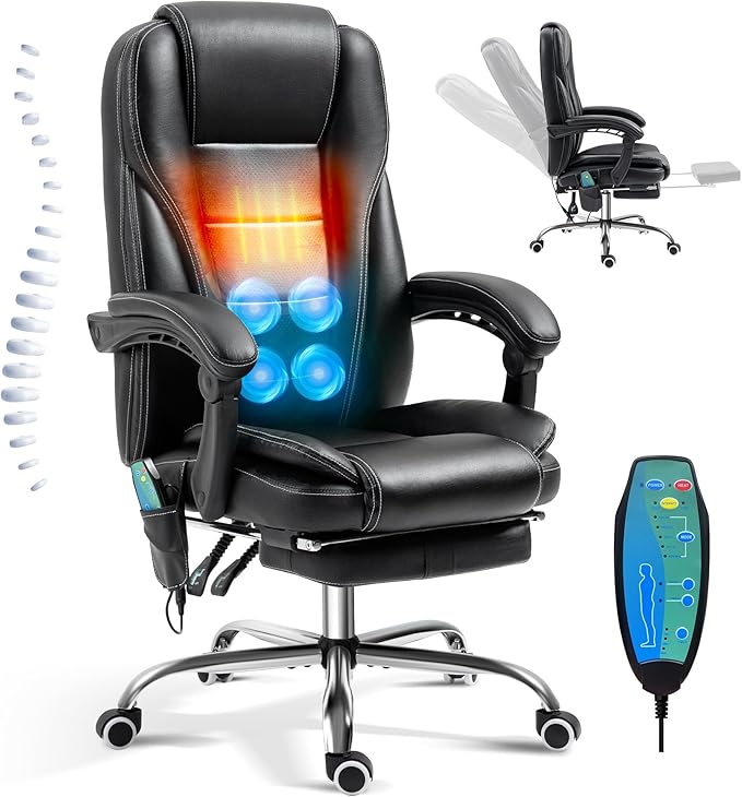 TonghuaS Massage Office Chair with Foot Rest Vibration and Heating, 90-130° Reclining Desk Chair, Ergonomic Reclining Computer Gaming Leather Chair(Black)