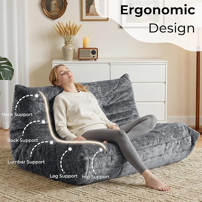 HABUTWAY Bean Bag Chair, Giant Bean Bag Chairs for Adults, Loveseat Fireside Chair, 2 Seater Lazy Bean Bag Sofa Memory Foam Couch for Living Room, Bedroom, Office (Grey)