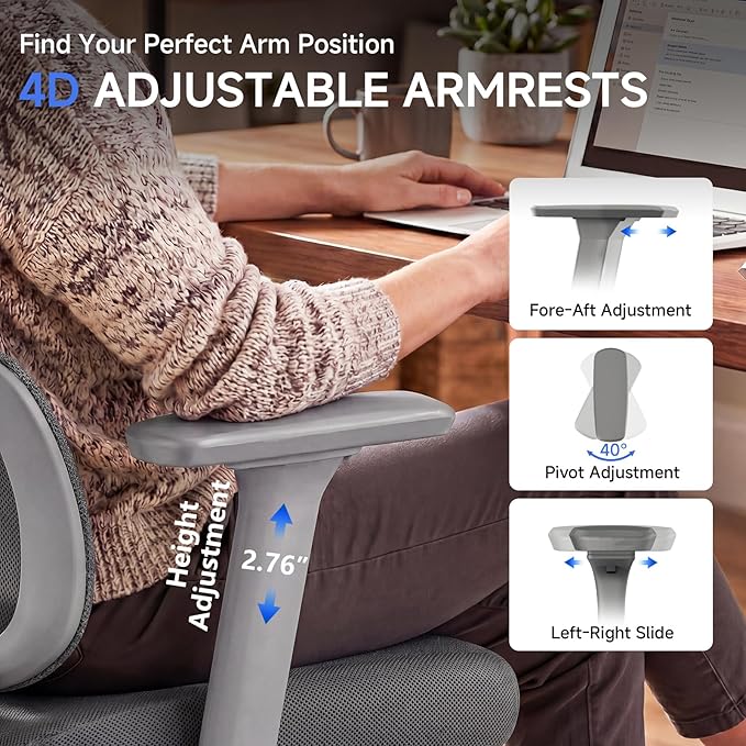 Ergonomic Office Chair with Footrest, 4D Armrests & Dynamic Lumbar Support, High Back Mesh Desk Chair with Adjustable Headrest, Reclining Computer Chair 380lbs for Long Hours (Grey)