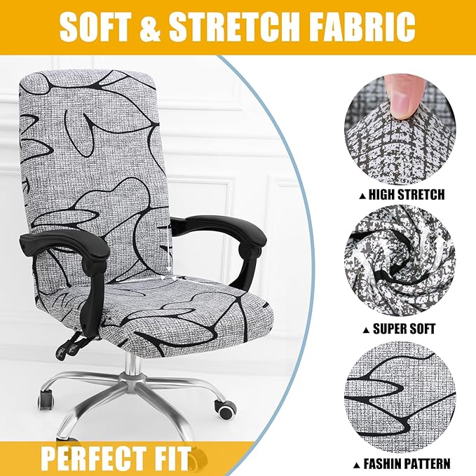 Smiry Stretch Printed Office Computer Chair Covers, Universal Desk Rotating Chair Slipcovers Removable Washable, Soft Fit Anti-Dust Spandex Protector Cover with Zipper, Grey and Black