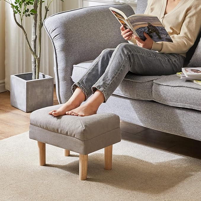 YMYNY 15.75" Small Foot Stool Ottoman, Footrest with Sponge Soft Padded Seat, Cotton-Linen Blend Fabric Footstool for Sofa, Bedroom, Living Room, Entryway, Solid Wood Legs, Gray, UHBD023G