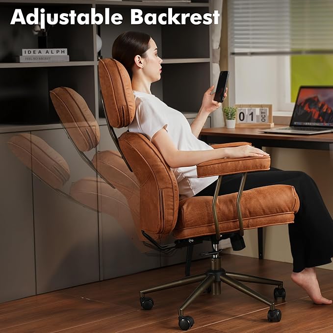 Brown Leather Home Office Chair, Ergonomic High Back Executive Chair with Deep Seat Thick Cushion, Mid Century Modern Big and Tall Computer Desk Chair with Lumbar Support (Light Brown Suede)