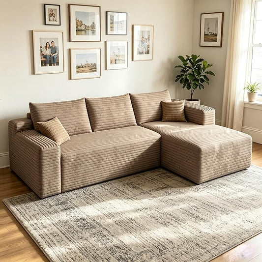 94" Camel Boneless Couch with Right Facing Chaise for Living Room, Corduroy L-Shaped Sectional Couches,Compressed Memory Foam Cloud Sofa,No Assembly Required,Camel