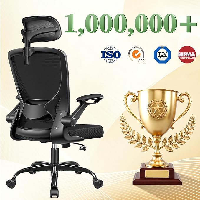 BESTFAIR Office Chair Ergonomic Desk Chair, Breathable Mesh Office Chairs with Adjustable Lumbar Support, Flip-Up Arms, Computer Desk Chair Comfy for Home Office, 2 Pack