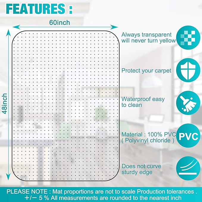Office Chair Mat for Carpets, 48"x 60" Heavy Duty Clear Plastic Floor Protector, Non-Slip Computer Desk Chair Mat for Low Pile Carpeted Floors, Smooth Rolling Carpet Chair Mat for Home Office