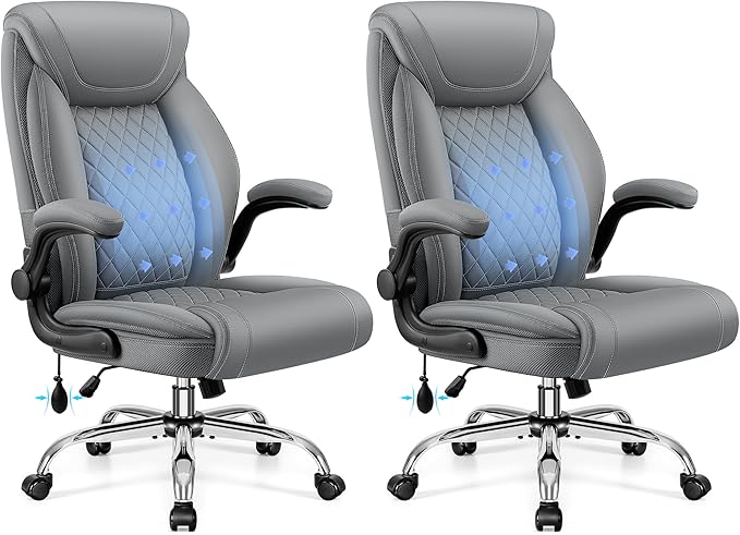 Office Chair, Big and Tall Ergonomic Desk Chair, Executive Leather Computer Chair with Adjustable Lumbar Support, Comfy Gaming Chair with Flip Up Arms, Swivel PC Chair with Rocking Function, Gray