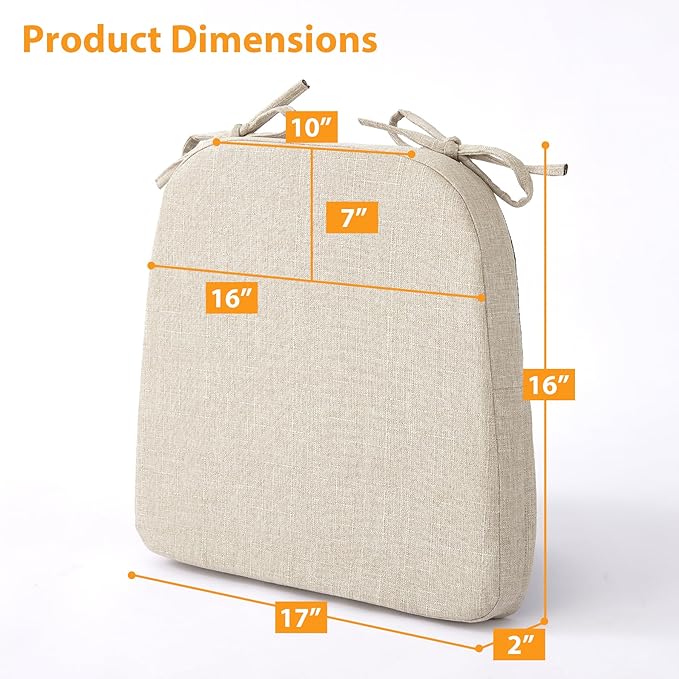 Ruqmuis Chair Cushions for Dining Chairs, 2" Thick Seat Cushions for Kitchen Chairs, D-Shaped Chair Pads with Washable Cover, Ties and Non Slip Backing, 17'' x 16'', Set of 6, Beige