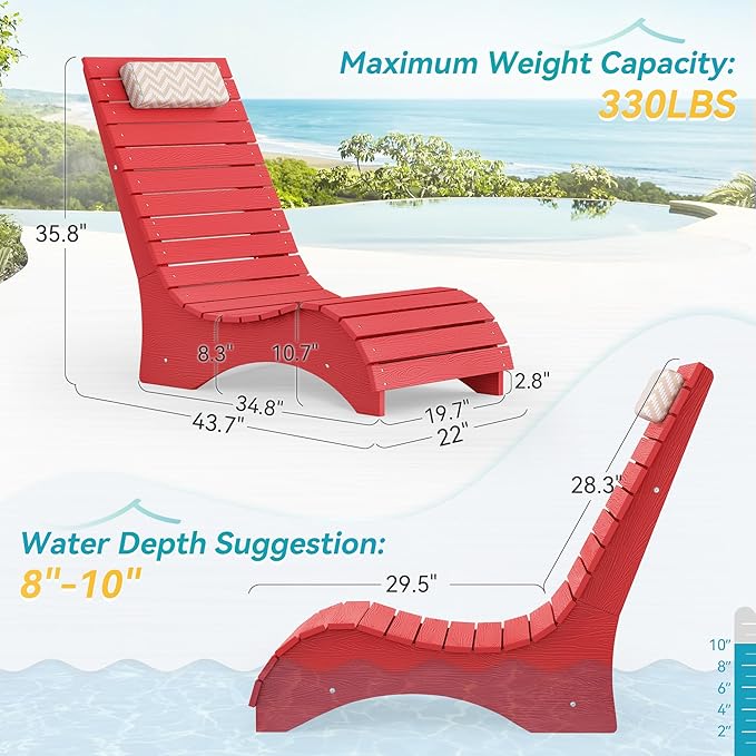 HDPS Pool Lounge Chairs, Use in Pools Lounge Chairs up to 10-Inches of Water, Chaise Chairs with Headrest, Lounge Chair Outdoor, Fade-Resistant Pool Lounger for Deck