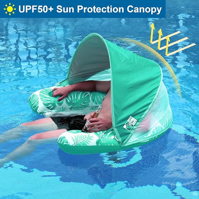 COOLCOOLDEE Pool Float with Canopy, Cup Holder - XL Pool Chair Lounge Float with Adjustable Sun Shade Cover, Drink Holder, Ergonomic Headrest,Inflatable Pool Float for Adults