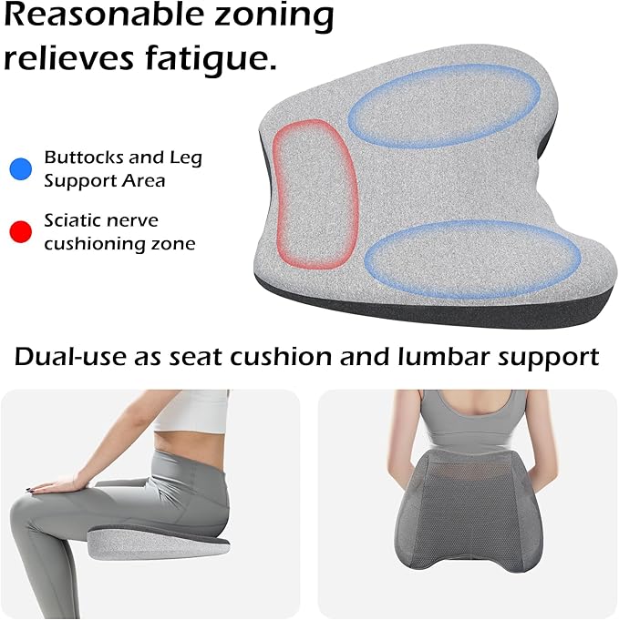 Car Seat Cushion, 2 in 1 Car Seat Cushion or Lumbar Support, Ergonomic Memory Foam Seat Cushions for Car Truck Sedan Home Office, Grey