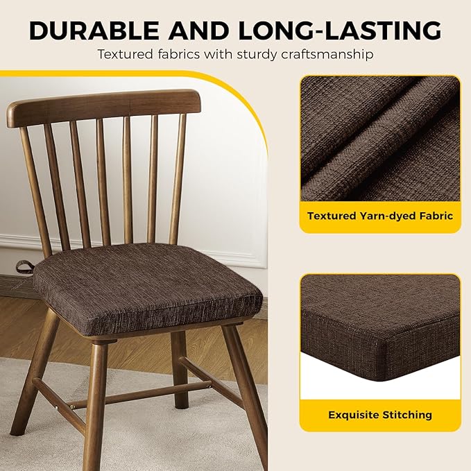 downluxe Indoor Chair Cushions for Dining Chairs, Soft and Comfortable Textured Foam Kitchen Chair Pads with Ties and Non-Slip Backing, 16" x 16" x 2", Brown, 4 Pack