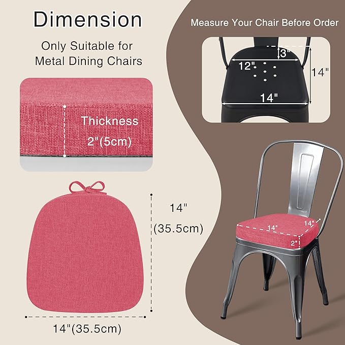 OVOV 14x14 Chair Cushions for Metal Dining Chairs Set of 4 Non Slip Thick Textured Chair Pads for Dining Chairs with Ties and Removable Cover (4, Pink)