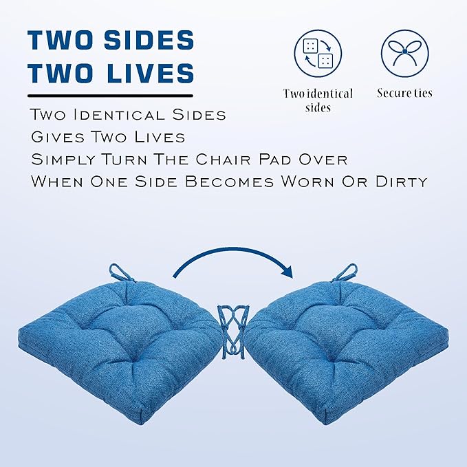SQUARE MOON D-Shaped 3" Thick Chair Cushions, Chair Pads for Dining Chairs and Kitchen Chairs, Indoor Dining Room Seat Cushions with Ties, Machine Washable, 17" x 16" x 3", 4/Pack, Blue