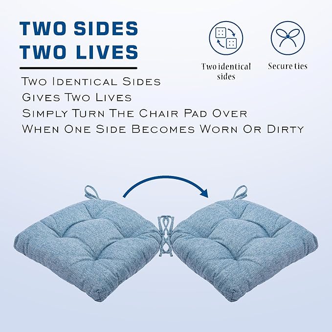 SQUARE MOON D-Shaped 3" Thick Chair Cushions, Chair Pads for Dining Chairs and Kitchen Chairs, Indoor Dining Room Seat Cushions with Ties, Machine Washable, 17" x 16" x 3", 4/Pack, Light Blue