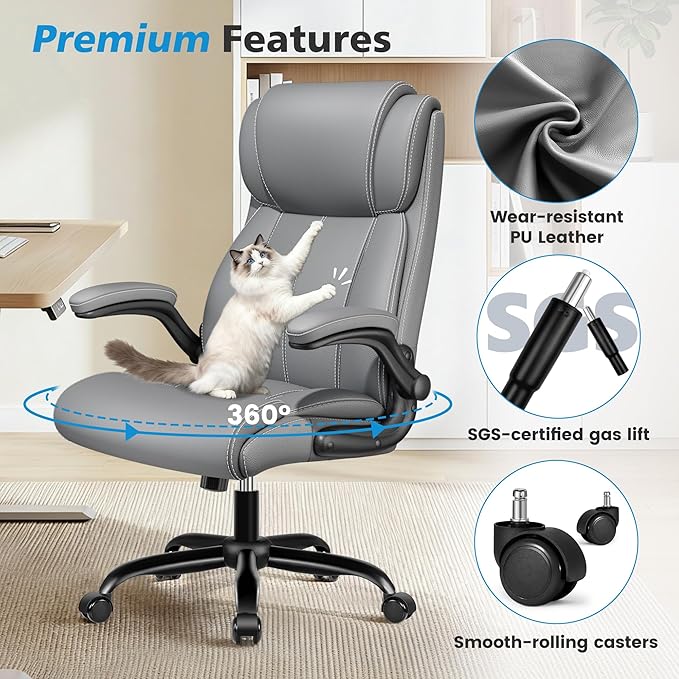 Ergonomic Office Chair – High Back Computer Desk Chair with Inflatable Lumbar Support & Flip-Up Arms, Heavy Duty PU Leather Executive Chair, Wide Seat, Long Hours, Light Gray