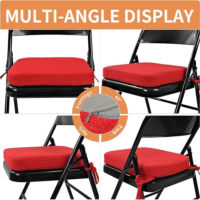 SINOSSO Memory Foam Chair Cushions for Folding Chairs 4 Pack, Thickened 2" Square Pads with Ties for Kitchen Chairs, Indoor Non-Slip Dining Chair Seat Cushions (Set of 4, Red)