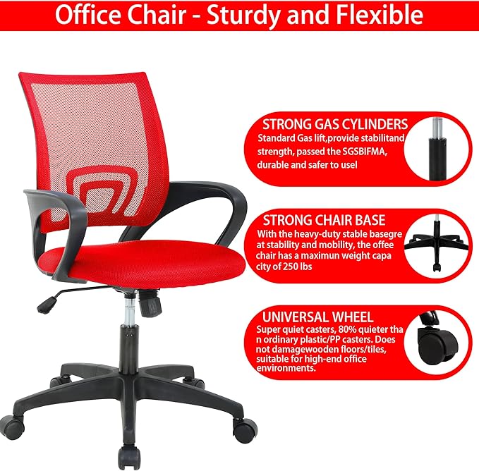 Office Chair - Breathable Mesh, Adjustable Height & Tilt, Professional Desk Chair for Long Hours, PVC Base, Red