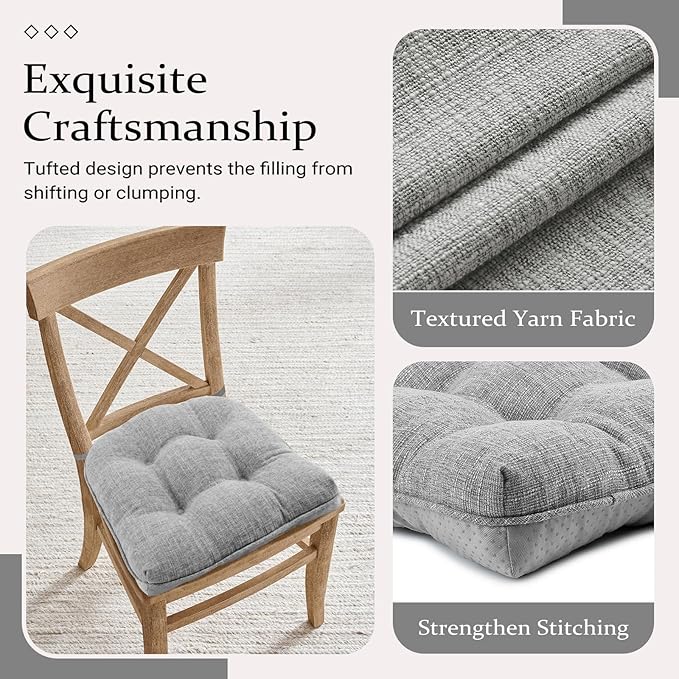 Wellsin Chair Cushions for Dining Chairs, Non-Slip Kitchen Chair Pads with Ties, Tufted Shredded Foam Kitchen Chair Cushions Set of 4, 15.5" X 15.5", Light Gray