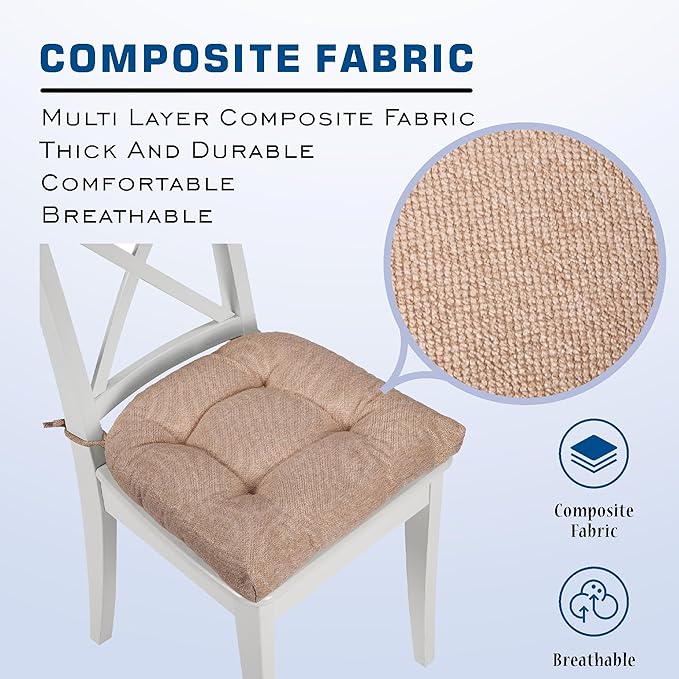 SQUARE MOON D-Shaped 3" Thick Chair Cushions, Chair Pads for Dining Chairs and Kitchen Chairs, Indoor Dining Room Seat Cushions with Ties, Machine Washable, 17" x 16" x 3", 4/Pack, Light Coffee
