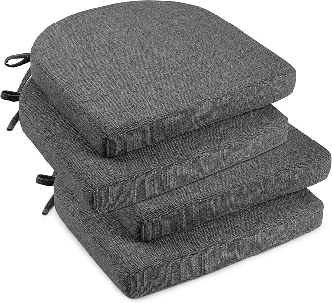 downluxe Indoor Chair Cushions for Dining Chairs, Soft and Comfortable Textured Foam Kitchen Chair Pads with Ties and Non-Slip Backing, 16" x 16" x 2", Dark Grey, 4 Pack