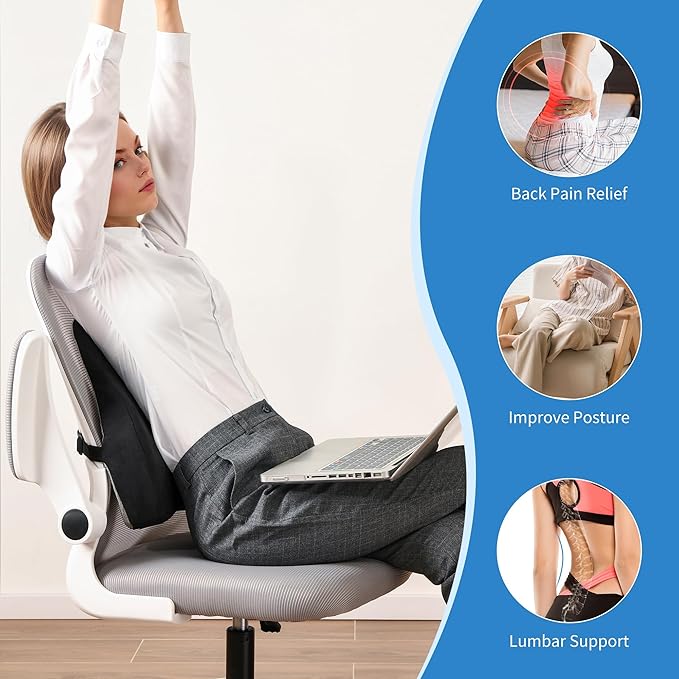 Lumbar Support Pillow for Office Chair - Memory Foam Back Cushion for Chair, Car, Couch - Lumbar Pillow Promotes Better Posture, Back Pain Relief with Adjustable Strap & Non-Slip