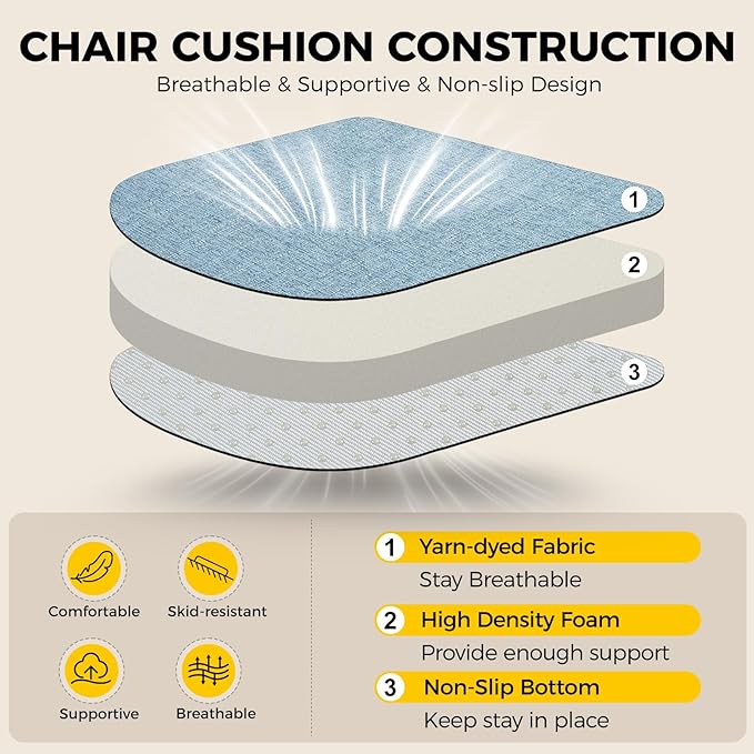 downluxe Indoor Chair Cushions for Dining Chairs, Soft and Comfortable Textured Foam Kitchen Chair Pads with Ties and Non-Slip Backing, 16" x 16" x 2", Light Blue, 4 Pack