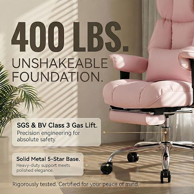 Efomao Big and Tall Office Chair 400lbs - Heavy Duty Reclining Desk Chair with Footrest, Spacious High Back PU Leather Executive Chair, Double-Layer Spring Support, Pink
