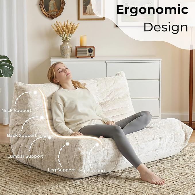HABUTWAY Bean Bag Chair, Giant Bean Bag Chairs for Adults, Loveseat Fireside Chair, 2 Seater Lazy Bean Bag Sofa Memory Foam Couch for Living Room, Bedroom, Office (Beige)