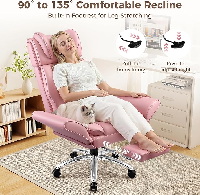 Big and Tall Office Chair, Flip Armrests for Cross Legged Sitting, Ergonomic Leather Executive Desk Chair with Foot Rest, High-Back Reclining Computer Chair for Office Home Game - Peach Pink
